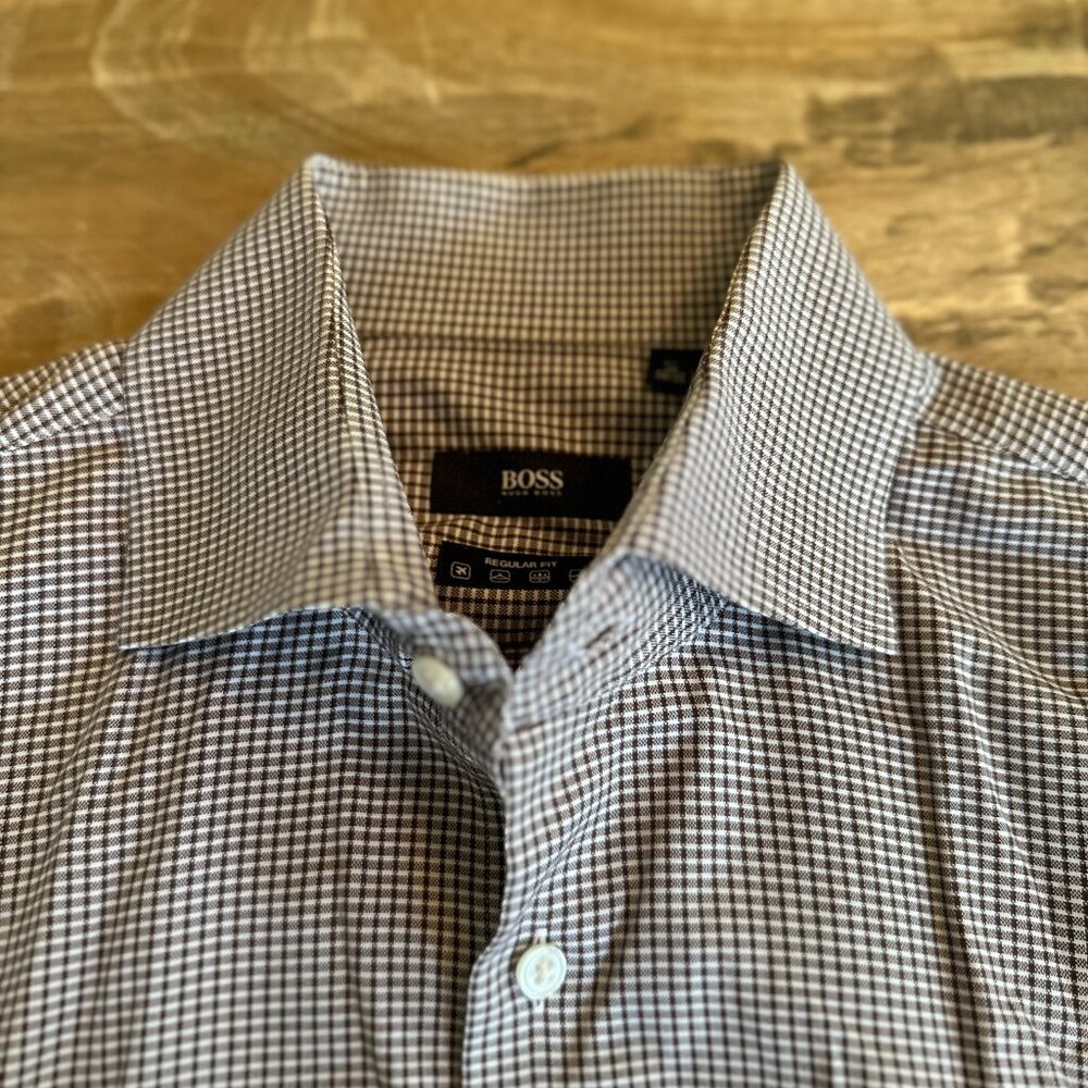 HUGO BOSS Dress Shirt L 16 34/35 Brown Check Regular Fit Long Sleeve Button Up